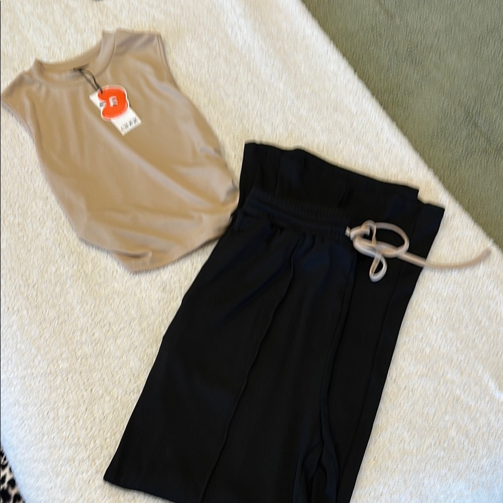 Tan Sleeveless Top and Black Pants Set